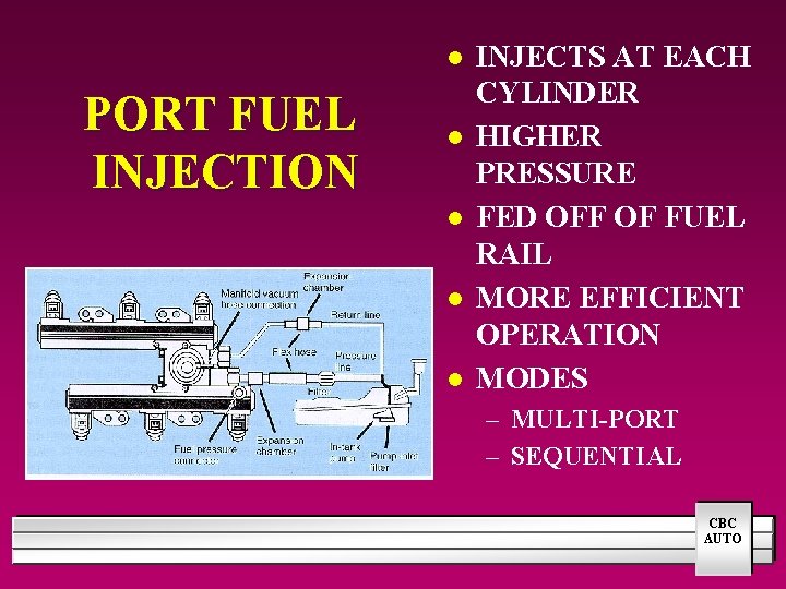 l PORT FUEL INJECTION l l INJECTS AT EACH CYLINDER HIGHER PRESSURE FED OFF