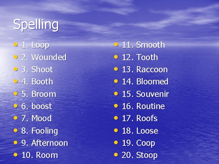 Spelling • 1. Loop • 2. Wounded • 3. Shoot • 4. Booth •