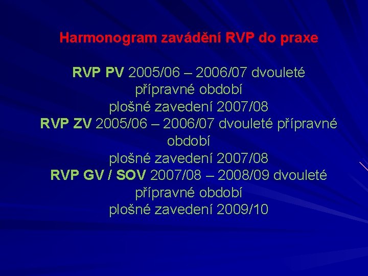 Harmonogram zavádění RVP do praxe RVP PV 2005/06 – 2006/07 dvouleté přípravné období plošné