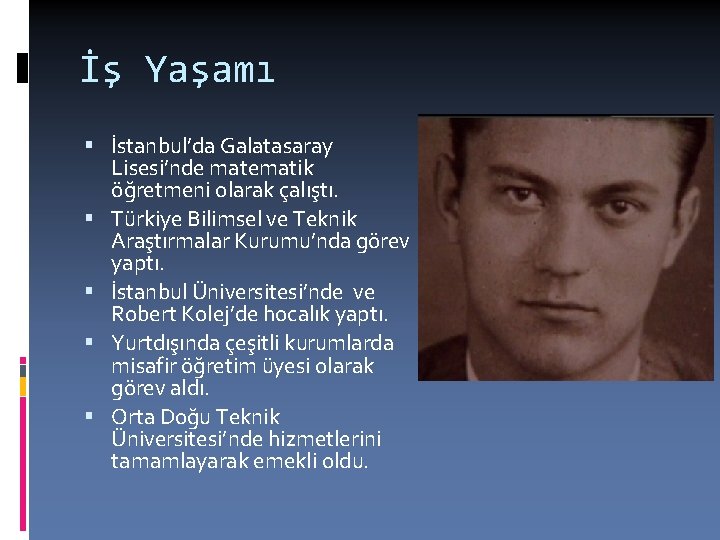 İş Yaşamı İstanbul’da Galatasaray Lisesi’nde matematik öğretmeni olarak çalıştı. Türkiye Bilimsel ve Teknik Araştırmalar