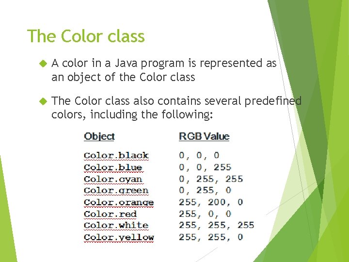 The Color class A color in a Java program is represented as an object