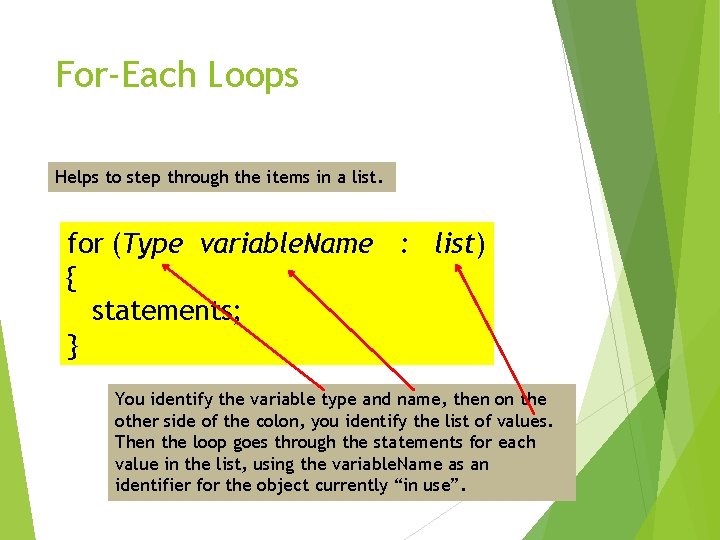 For-Each Loops Helps to step through the items in a list. for (Type variable.