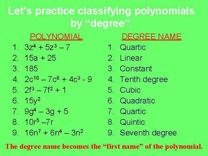 Let’s practice classifying polynomials by “degree”. 1. 2. 3. 4. 5. 6. 7. 8. Let’s practice classifying polynomials by “degree”. 1. 2. 3. 4. 5. 6. 7. 8.