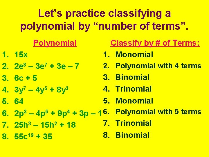 Let’s practice classifying a polynomial by “number of terms”. Polynomial 1. 2. 3. 4. Let’s practice classifying a polynomial by “number of terms”. Polynomial 1. 2. 3. 4.