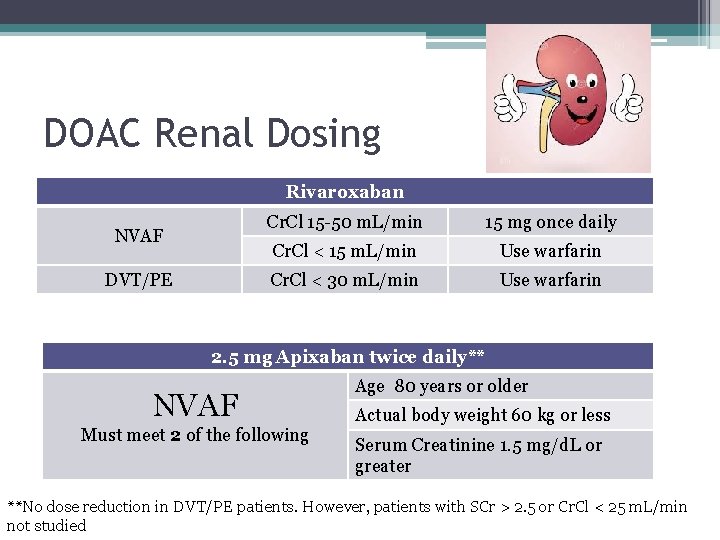 DOAC Renal Dosing Rivaroxaban NVAF DVT/PE Cr. Cl 15 -50 m. L/min 15 mg DOAC Renal Dosing Rivaroxaban NVAF DVT/PE Cr. Cl 15 -50 m. L/min 15 mg