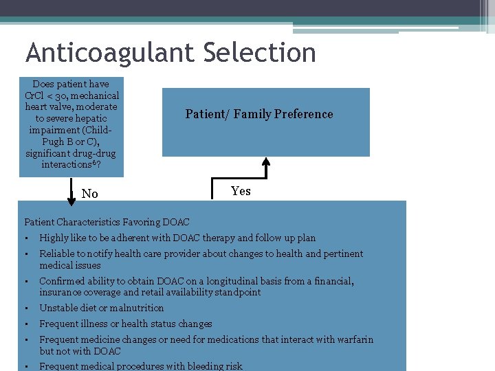 Anticoagulant Selection Does patient have Cr. Cl < 30, mechanical heart valve, moderate to Anticoagulant Selection Does patient have Cr. Cl < 30, mechanical heart valve, moderate to