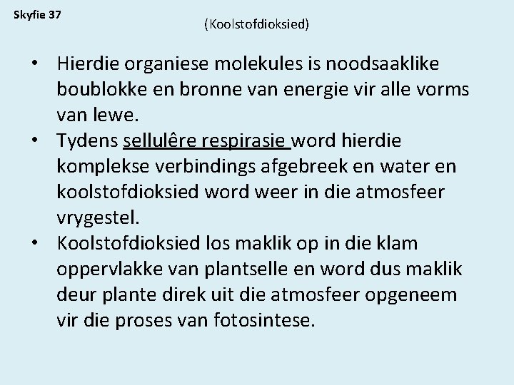 Skyfie 37 (Koolstofdioksied) • Hierdie organiese molekules is noodsaaklike boublokke en bronne van energie