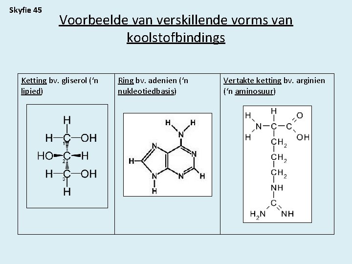 Skyfie 45 Voorbeelde van verskillende vorms van koolstofbindings Ketting bv. gliserol (‘n lipied) Ring