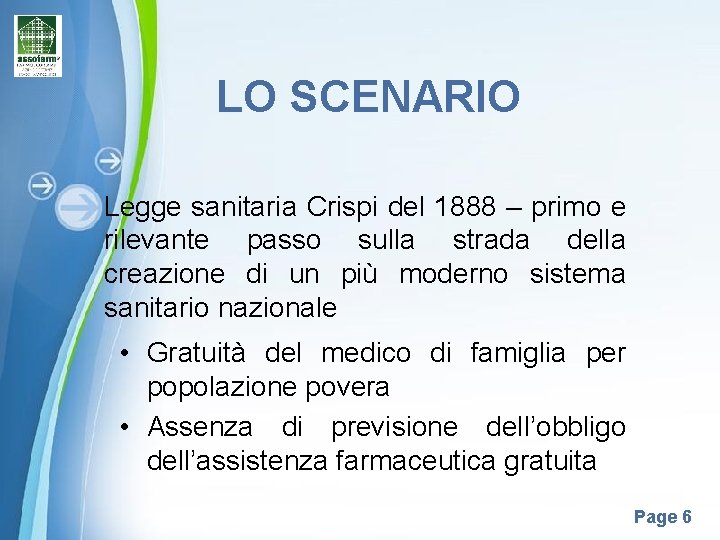 LO SCENARIO Legge sanitaria Crispi del 1888 – primo e rilevante passo sulla strada