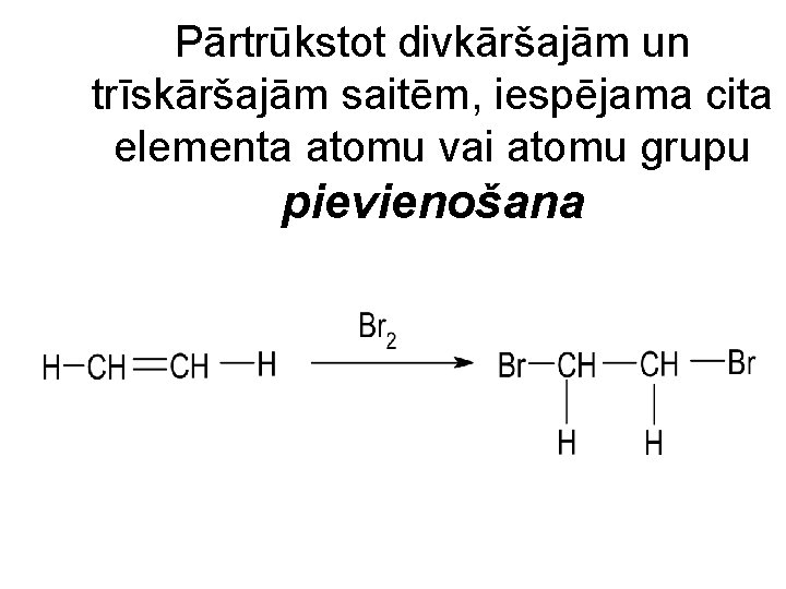 Pārtrūkstot divkāršajām un trīskāršajām saitēm, iespējama cita elementa atomu vai atomu grupu pievienošana 