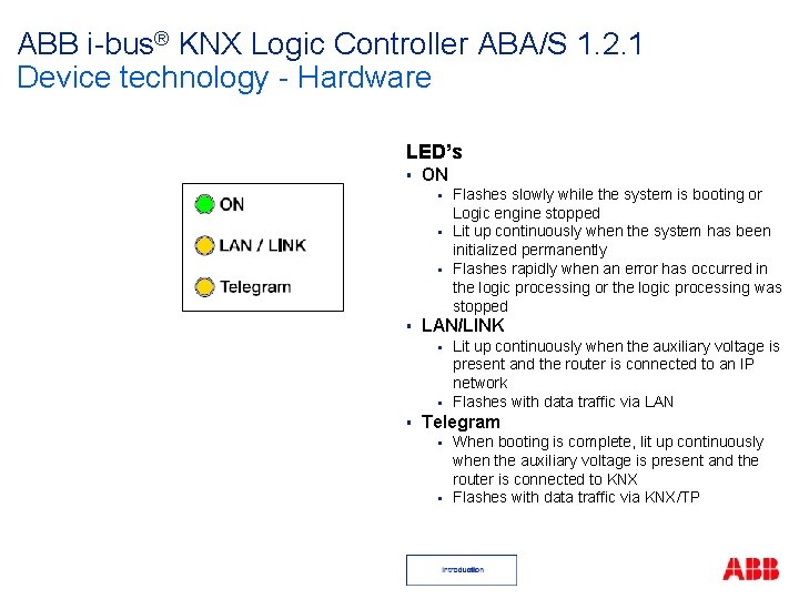 ABB i-bus® KNX Logic Controller ABA/S 1. 2. 1 Device technology - Hardware LED’s