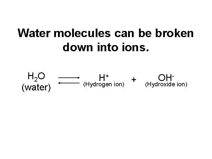 Water molecules can be broken down into ions. H 2 O (water) H+ (Hydrogen Water molecules can be broken down into ions. H 2 O (water) H+ (Hydrogen