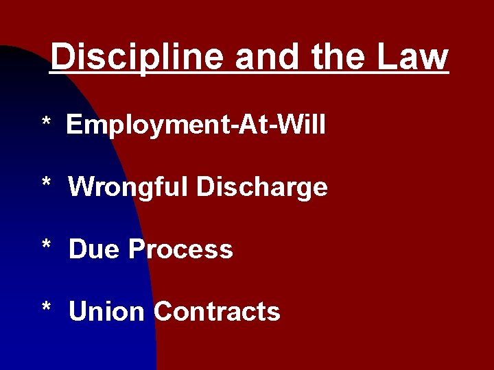 Discipline and the Law * Employment-At-Will * Wrongful Discharge * Due Process * Union