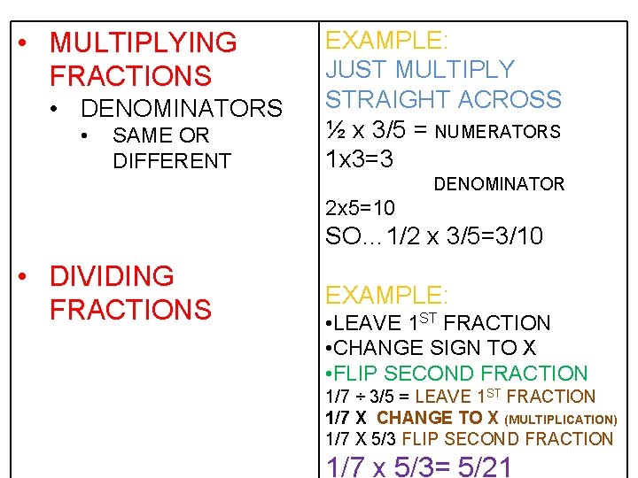 • MULTIPLYING FRACTIONS • DENOMINATORS • SAME OR DIFFERENT EXAMPLE: JUST MULTIPLY STRAIGHT • MULTIPLYING FRACTIONS • DENOMINATORS • SAME OR DIFFERENT EXAMPLE: JUST MULTIPLY STRAIGHT