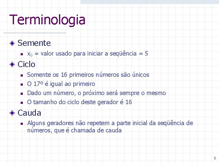 Terminologia Semente n x 0 = valor usado para iniciar a seqüência = 5