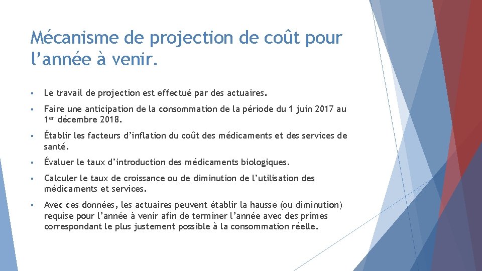 Mécanisme de projection de coût pour l’année à venir. § Le travail de projection