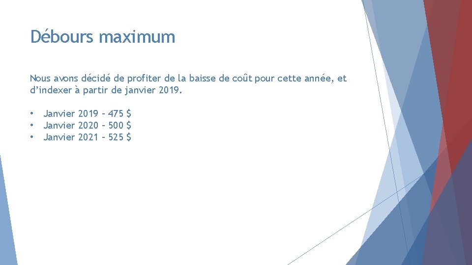 Débours maximum Nous avons décidé de profiter de la baisse de coût pour cette