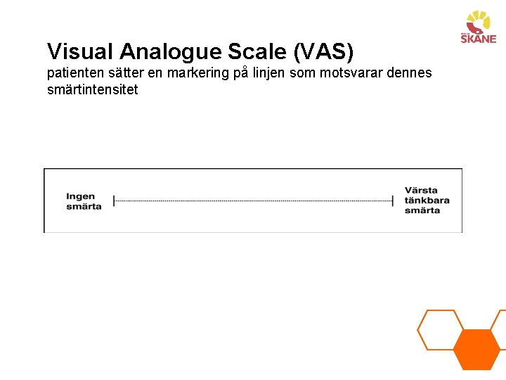 Visual Analogue Scale (VAS) patienten sätter en markering på linjen som motsvarar dennes smärtintensitet