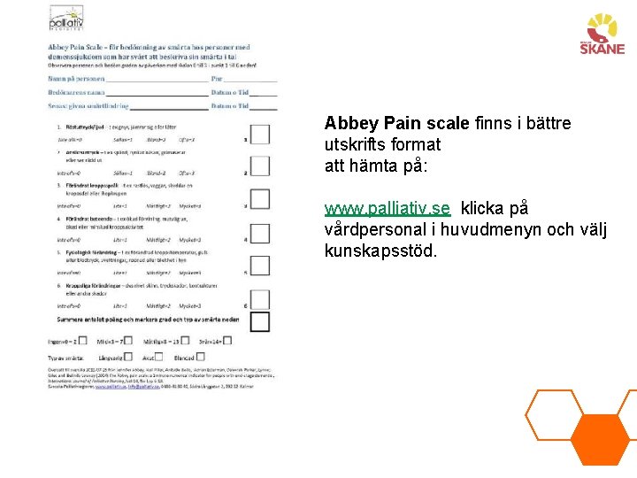 Abbey Pain scale finns i bättre utskrifts format att hämta på: www. palliativ. se