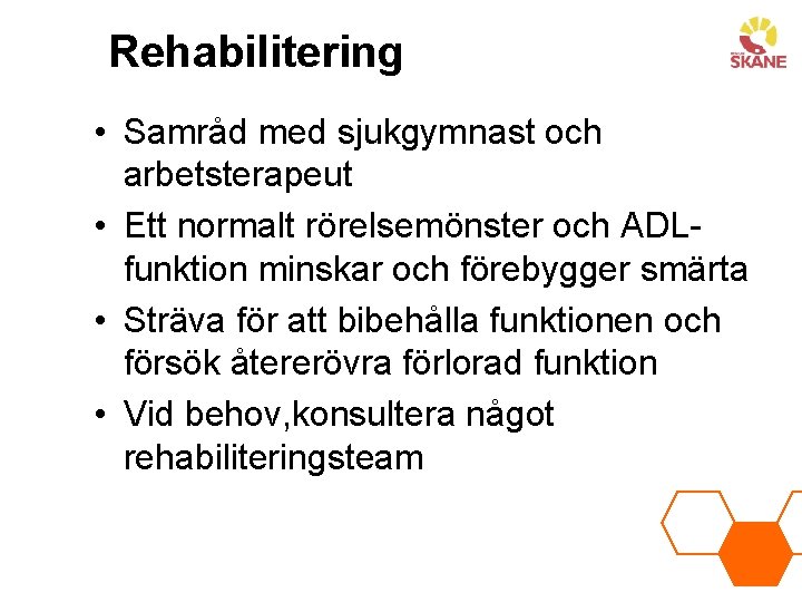 Rehabilitering • Samråd med sjukgymnast och arbetsterapeut • Ett normalt rörelsemönster och ADLfunktion minskar