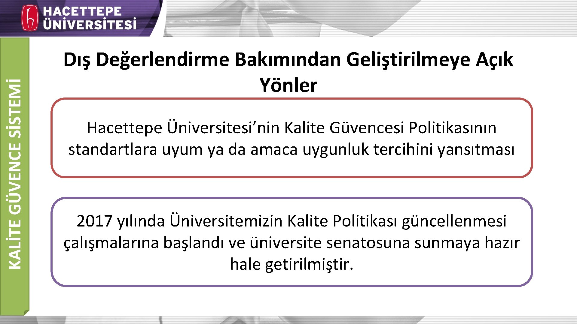 KALİTE GÜVENCE SİSTEMİ Dış Değerlendirme Bakımından Geliştirilmeye Açık Yönler Hacettepe Üniversitesi’nin Kalite Güvencesi Politikasının