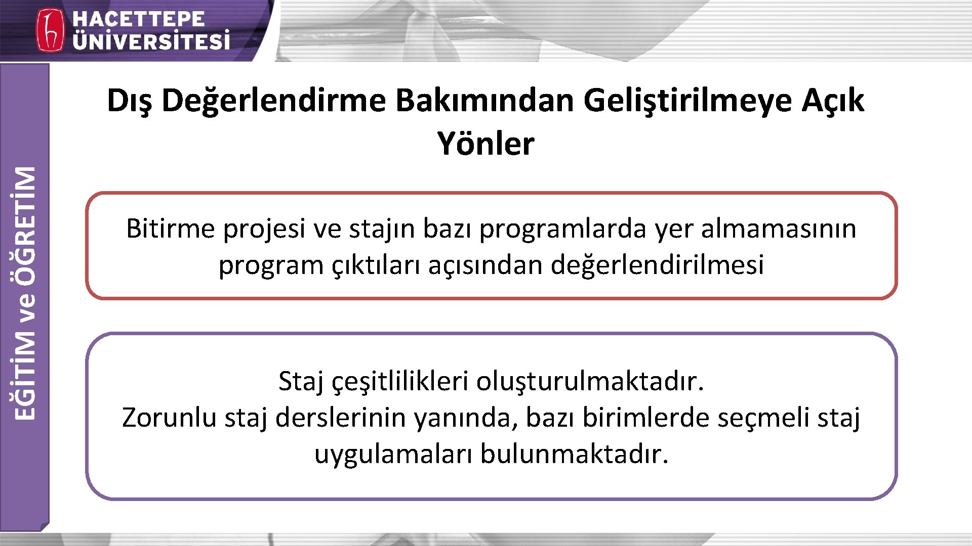 EĞİTİM ve ÖĞRETİM Dış Değerlendirme Bakımından Geliştirilmeye Açık Yönler Bitirme projesi ve stajın bazı