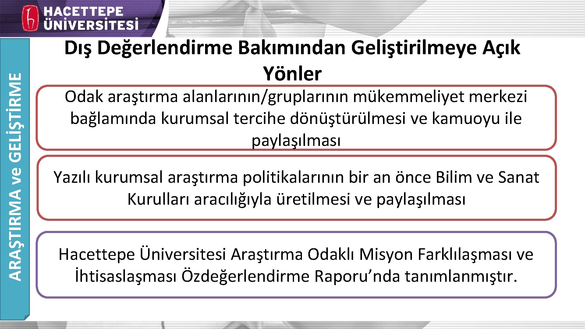 ARAŞTIRMA ve GELİŞTİRME Dış Değerlendirme Bakımından Geliştirilmeye Açık Yönler Odak araştırma alanlarının/gruplarının mükemmeliyet merkezi