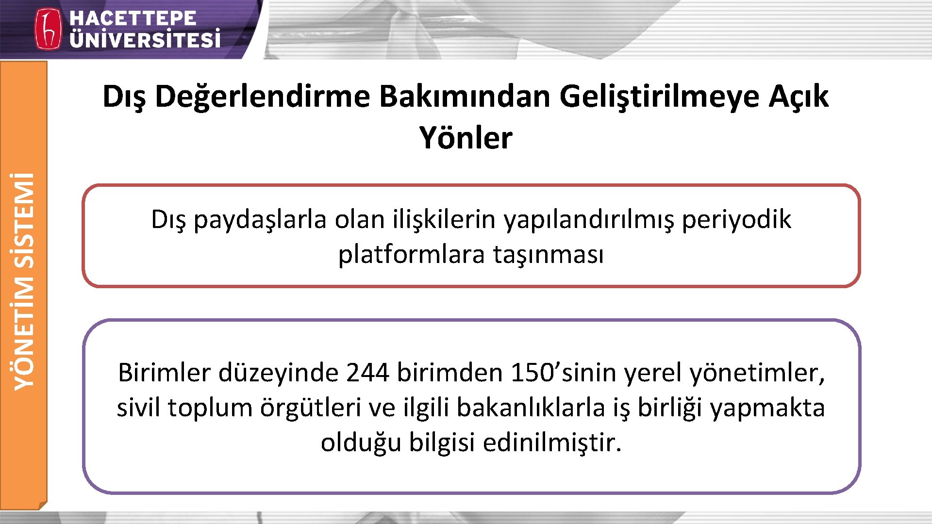 YÖNETİM SİSTEMİ Dış Değerlendirme Bakımından Geliştirilmeye Açık Yönler Dıs paydas larla olan ilis kilerin