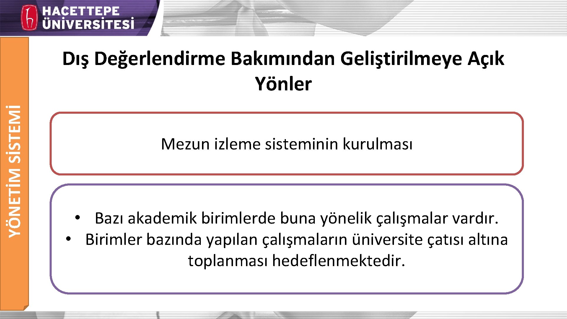 YÖNETİM SİSTEMİ Dış Değerlendirme Bakımından Geliştirilmeye Açık Yönler Mezun izleme sisteminin kurulması • Bazı