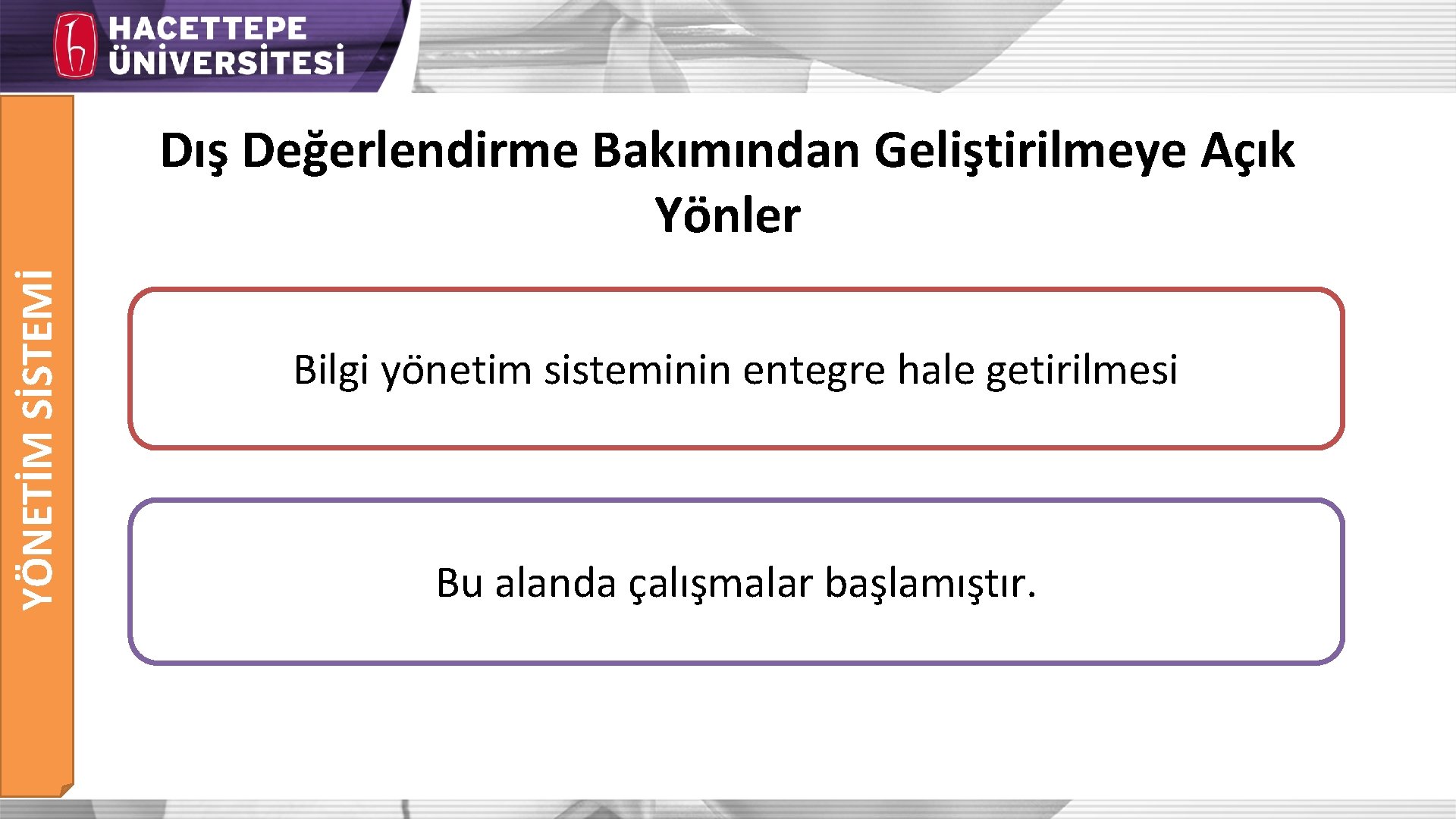 YÖNETİM SİSTEMİ Dış Değerlendirme Bakımından Geliştirilmeye Açık Yönler Bilgi yo netim sisteminin entegre hale