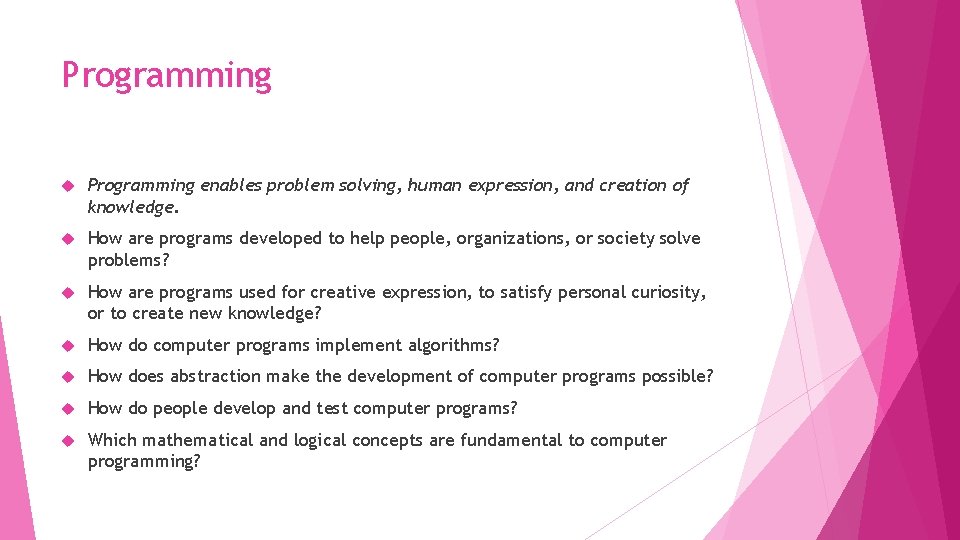 Programming enables problem solving, human expression, and creation of knowledge. How are programs developed