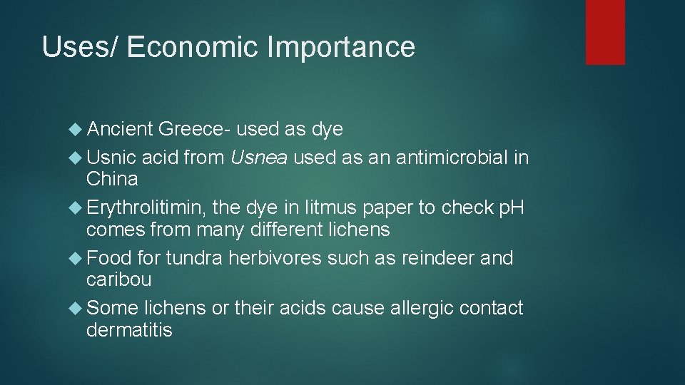 Uses/ Economic Importance Ancient Greece- used as dye Usnic acid from Usnea used as