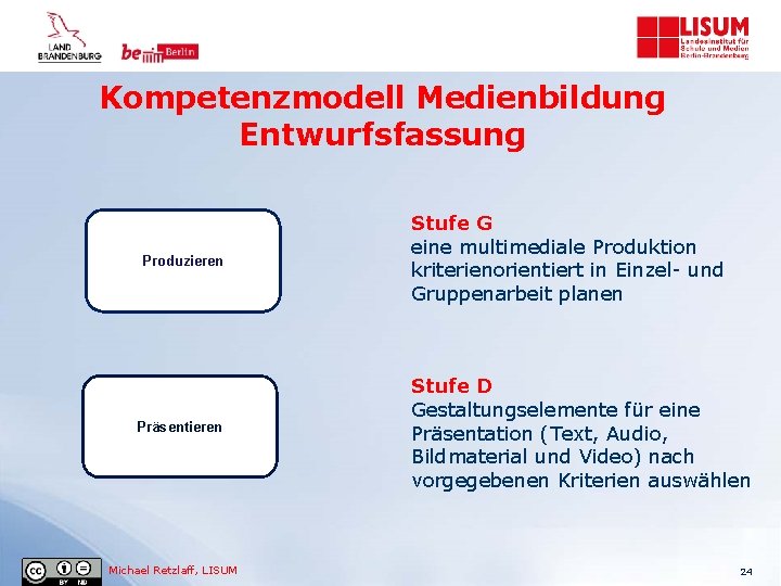 Kompetenzmodell Medienbildung Entwurfsfassung Produzieren Präsentieren Michael Retzlaff, LISUM Stufe G eine multimediale Produktion kriterienorientiert