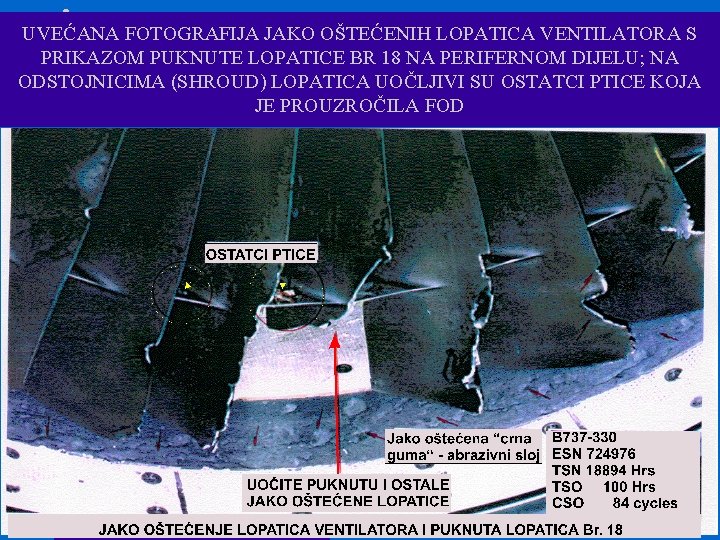 UVEĆANA FOTOGRAFIJA JAKO OŠTEĆENIH LOPATICA VENTILATORA S PRIKAZOM PUKNUTE LOPATICE BR 18 NA PERIFERNOM