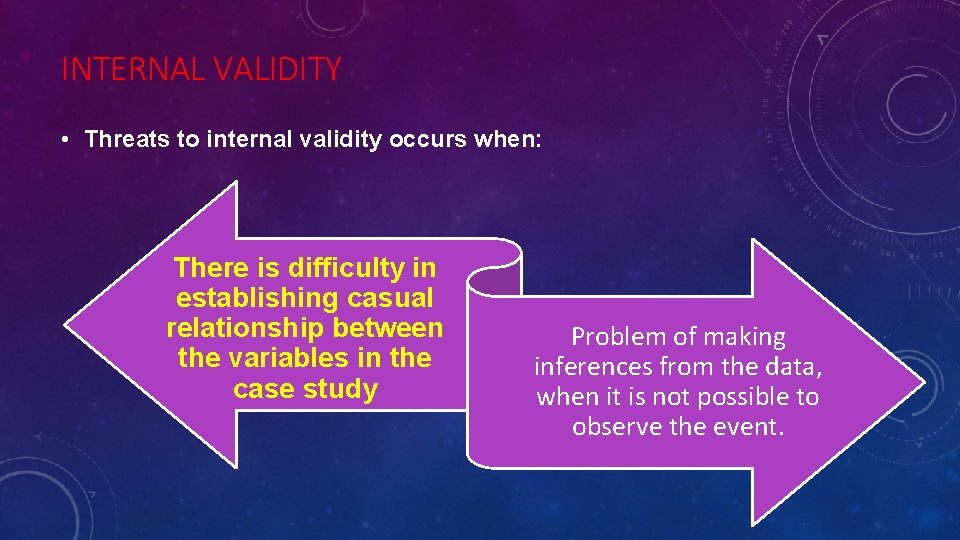 INTERNAL VALIDITY • Threats to internal validity occurs when: There is difficulty in establishing