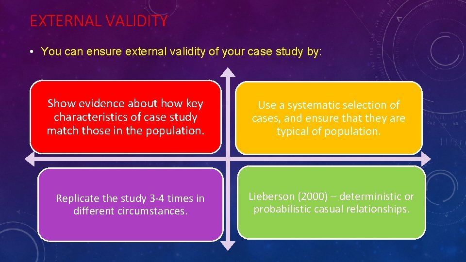 EXTERNAL VALIDITY • You can ensure external validity of your case study by: Show