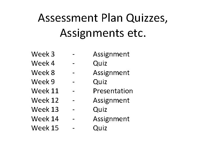 Assessment Plan Quizzes, Assignments etc. Week 3 Week 4 Week 8 Week 9 Week
