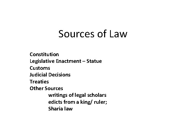 Sources of Law Constitution Legislative Enactment – Statue Customs Judicial Decisions Treaties Other Sources