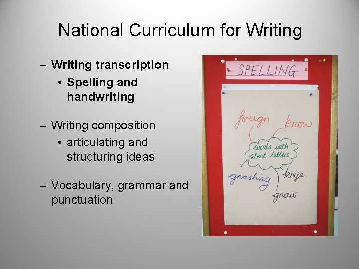 National Curriculum for Writing – Writing transcription • Spelling and handwriting – Writing composition