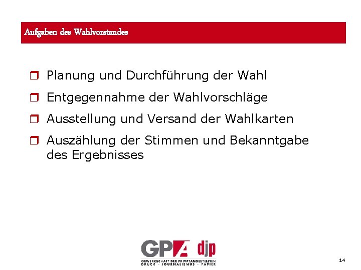 Aufgaben des Wahlvorstandes r Planung und Durchführung der Wahl r Entgegennahme der Wahlvorschläge r