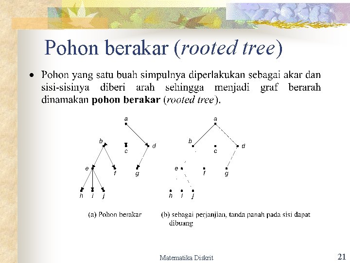 Pohon berakar (rooted tree) Matematika Diskrit 21 Pohon berakar (rooted tree) Matematika Diskrit 21