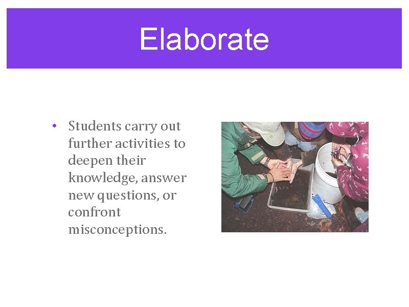 Elaborate • Students carry out further activities to deepen their knowledge, answer new questions,