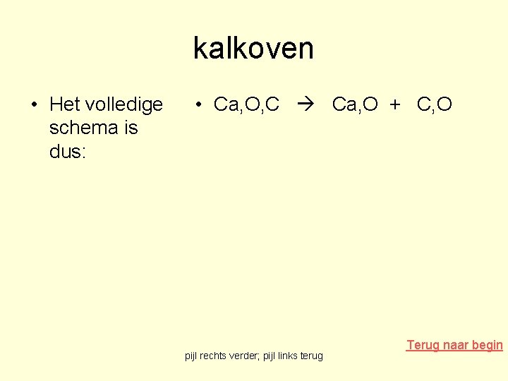 kalkoven • Het volledige schema is dus: • Ca, O, C Ca, O +