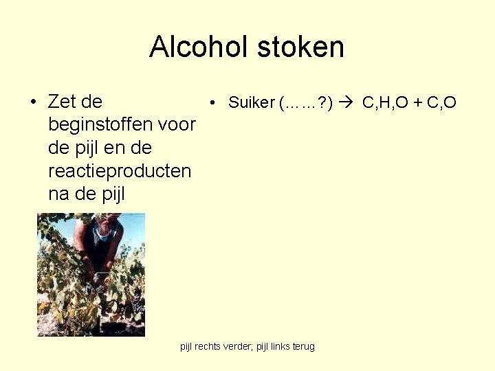 Alcohol stoken • Zet de • Suiker (……? ) C, H, O + C,