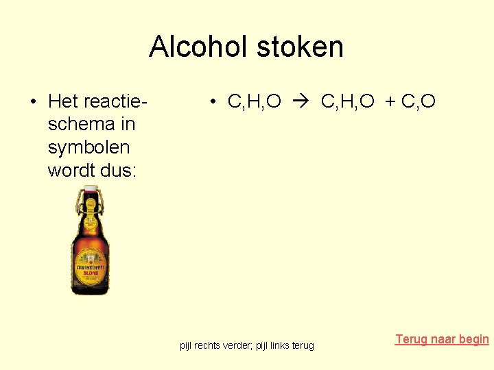 Alcohol stoken • Het reactieschema in symbolen wordt dus: • C, H, O +