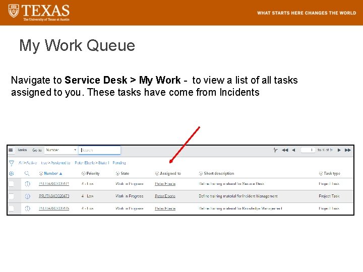 My Work Queue Navigate to Service Desk > My Work - to view a