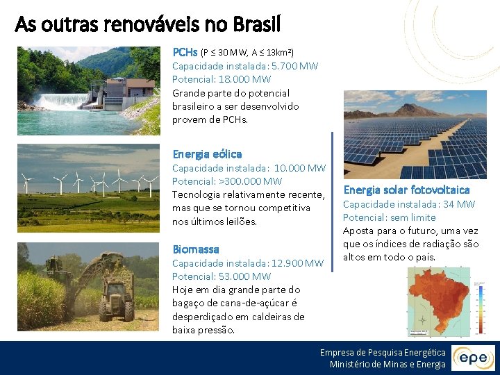 As outras renováveis no Brasil PCHs (P ≤ 30 MW, A ≤ 13 km²)