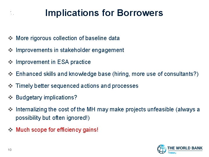 Implications for Borrowers v More rigorous collection of baseline data v Improvements in stakeholder