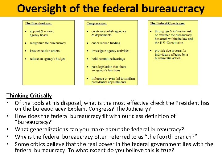 Oversight of the federal bureaucracy Thinking Critically • Of the tools at his disposal,