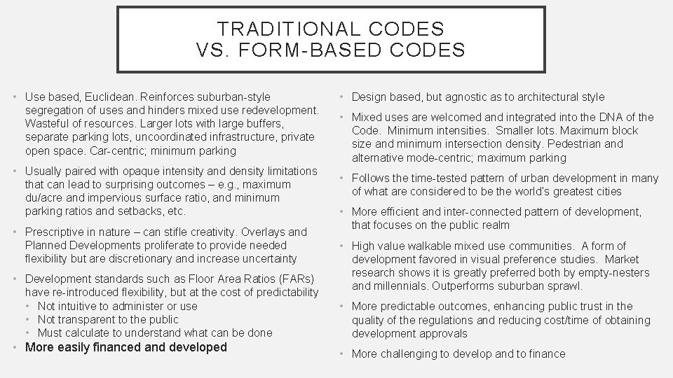 TRADITIONAL CODES VS. FORM-BASED CODES • Use based, Euclidean. Reinforces suburban-style segregation of uses